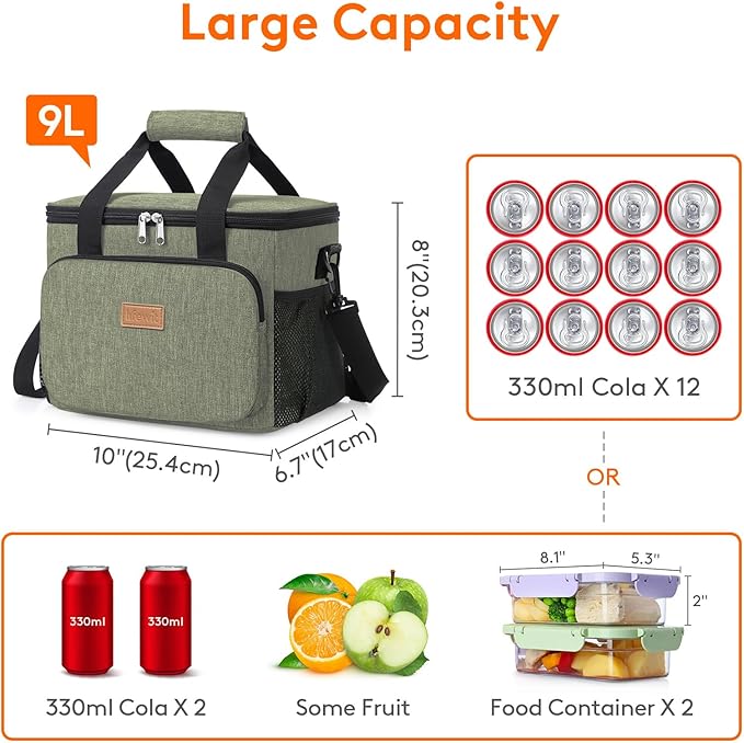 Lifewit Medium Lunch Bag Insulated Lunch Box Soft Cooler Cooling Tote for Adult Men Women, Dark Green 12-Can (9L)