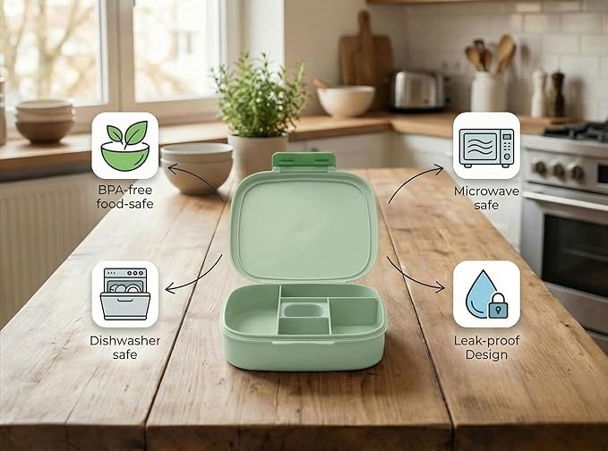 L&A's Bento Lunch Box for Kids and Adults - Leakproof 5-Compartment Lightweight Food Container, Large Capacity Meal Prep for School and Work, BPA-Free, Microwave & Dishwasher Safe (Green)