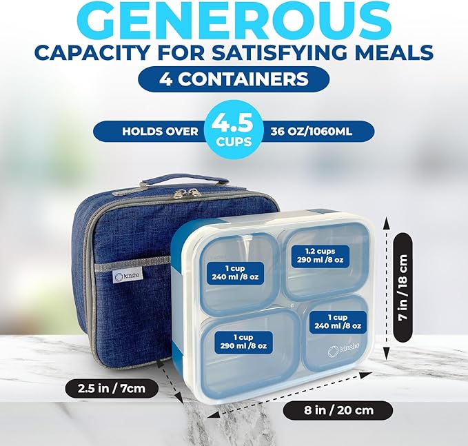 Stainless Steel Bento Lunch Box Set for Adults, Kids - Insulated Bag and Ice Pack - Leak-Proof Metal Compartment Meal Prep Food & Snack Containers for Work Travel School Daycare, 36 oz Navy Blue