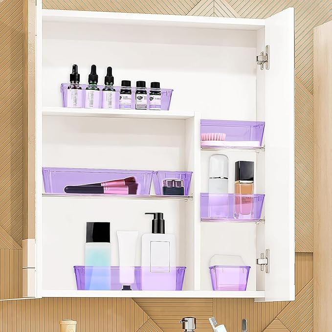 25 PCS Drawer Organizer Set, 4 Varied Size Bathroom and kitchen Drawer cabinet organizer Trays, Clear Storage Bins for Makeup, Jewelry, Utensils and Gadgets， Purple