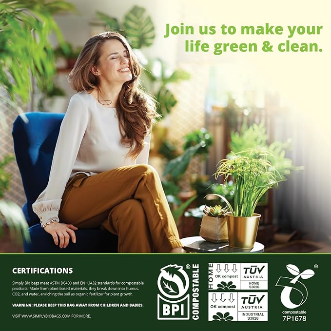 Simply Bio 13 Gallon Compostable Trash Bags Liners with Handle-Tie, Thick 0.87 Mil, 49.21 Liter, 30 Bags, Tall Kitchen Food Scrap Waste Bag, ASTM D6400, US BPI and OK Compost Home Certified