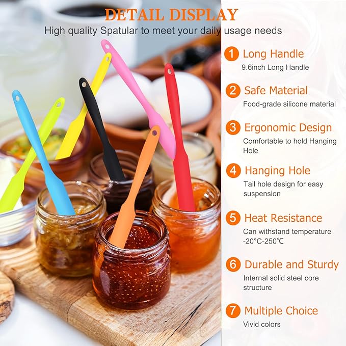 8pcs Jar Spatula,Silicone Jar Scraper with Long Handle,Jam Spreader Cake Cream Butter Spatulas, Kitchen Must Have Small Silicone Spatula, Jar Blender Waxing Sticks Large with Slant for Hard Wax