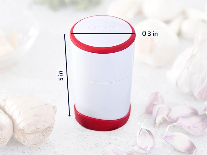 Leifheit Gourmet Garlic Slicer, Stainless Steel Blades, ABS Plastic Body, Twist-to-Slice Design, Safe for Garlic, Ginger, Cheese, Chocolate, Dishwasher Safe, German Quality, White/Red