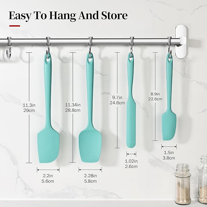 600ºF Heat Resistant Spatulas, High Heat Food Safe Semless Kitchen Silicone Scraper Set for Cooking Baking Mixing Scraping Stirring Nonstick Cookware Pan Bowl (4Pcs,Aqua Sky)