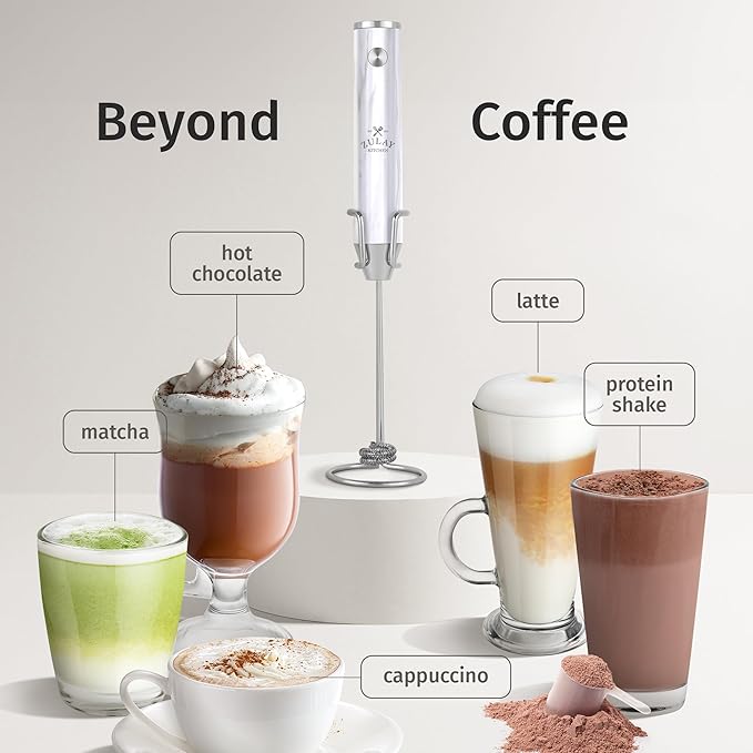 Zulay Kitchen Rechargeable Milk Frother Handheld Lux - Powerful 2-Speed Motor, Waterproof, 2000mAh Battery - Drink Mixer for Latte, Cappuccino, Matcha & Protein Powder - White Marble