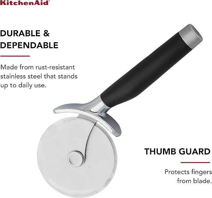 KitchenAid Classic Pizza Wheel with Sharp Blade For Cutting Through Crusts, Pies and More, Built In Finger Guard for Safety and Comfort Grip to Protect Fingers, Dishwasher Safe, 9-Inch, Black