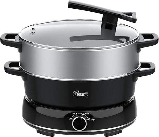 Rosewill 12.7 QT Electric Hot Pot Slow Cooker with Multiple Functions, Split Design with 11.8 inch Wider Cooking Pot and SUS Steam Basket, 1600W High Power, Includes Utensils - Black