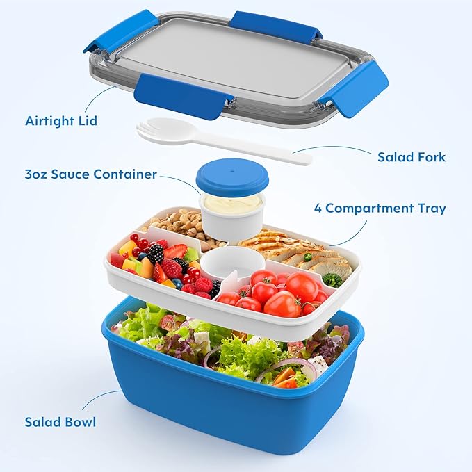 Cherrysea 2Pack Salad Lunch Container, 68oz Salad Bowls with 4 Compartments Tray,Leak Proof Lunch Box with Fork for Men,Women BPA-Free Snack Box with Sauce Container for Dressings - Blue