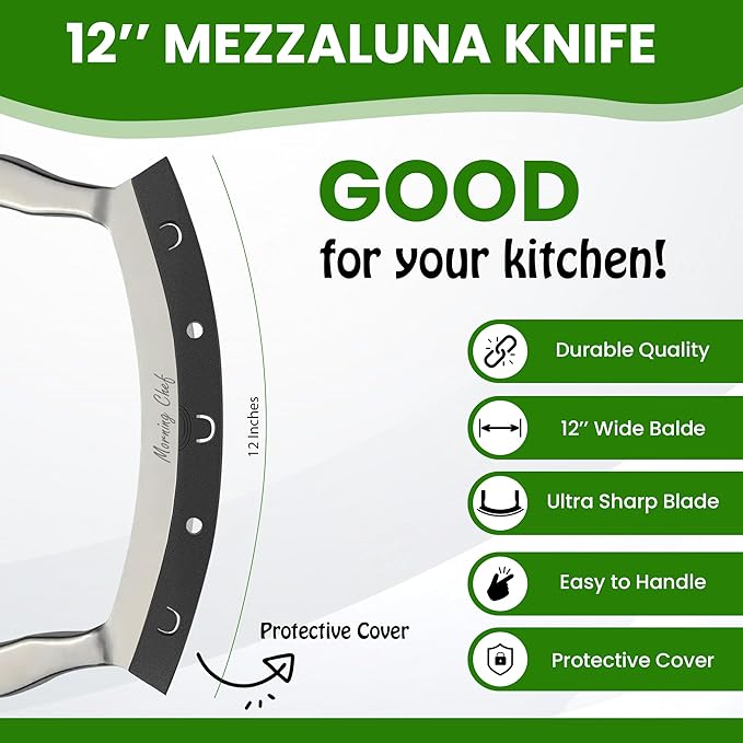 12" Stainless Steel Mezzaluna Knife | Pizza Cutter | Chopper Dicer Mincer | Curved Blade with Steel Handles | Mezzaluna Sheath Pizza Cutter Rocker, Rocker Knife Veggie Cutter