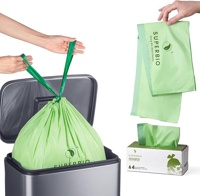 SUPERBIO 4 Gallon Compostable Drawstring Food Scrap Bags,15.1 Liter, 40 Count, 0.9 Mil,Heavy Duty Waste Bags, BPI, Seedling and OK compost INDUSTRIAL