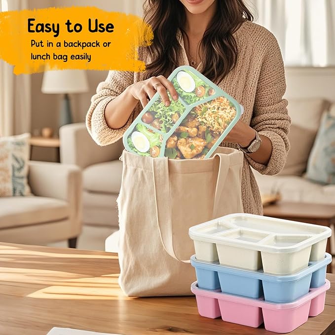 Bento Lunch Box, 4 Compartments Meal Prep Containers, 4 Pack Reusable Snack Containers, Divided Food Storage Container for Adults (Pink Beige Green Blue)