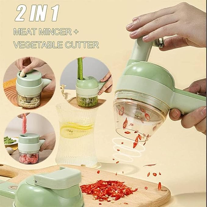 4 in 1 Handheld Electric Vegetable Cutter Set, Wireless Chopper, Garlic Mud Masher, Portable Fruit and for Garlic, Pepper, Chili, Onion, Potato, Meat (Green), 20.5X9.5X8CM/578, 21213