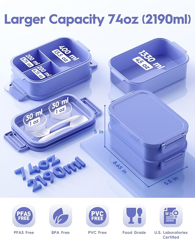 Adults Bento Box with Insulated Lunch Bag, 74oz Capacity 3 Stackable Leak-Proof Bento Box Built-In Utensil and Sauce, PFAS & BPA-Free, Microwave & Dishwasher Safe (Mist Purple)