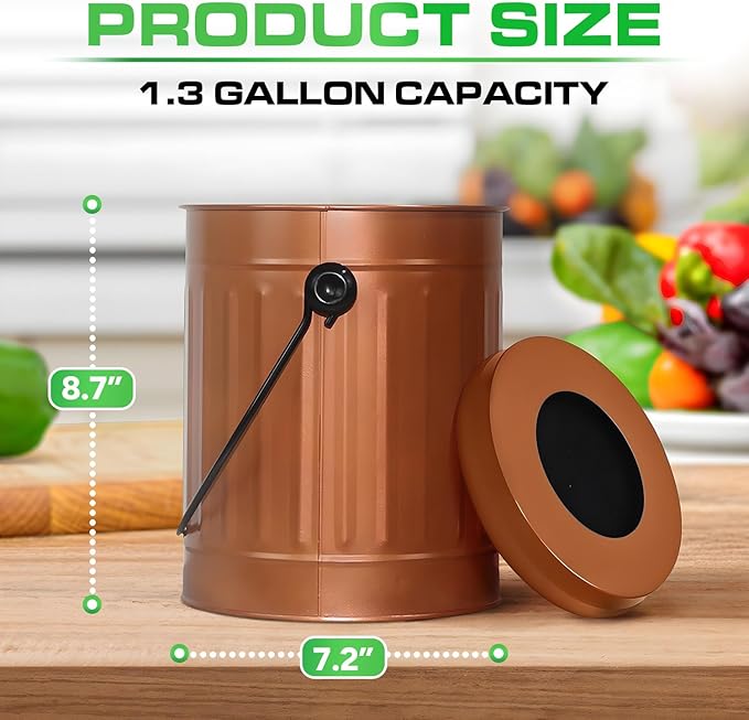 Plexon Countertop Compost Bin Kitchen Indoor, with Lid, Copper 1.5 Gallon Odorless Kitchen Compost Container, Steel Food Bucket Pail with Charcoal Filter, Bronze