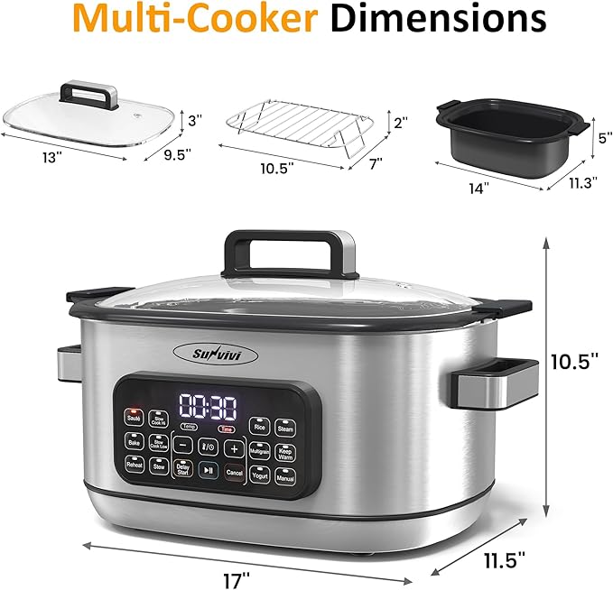Sunvivi 12-in-1 Multi Slow Cooker Roaster Oven, 6.5QT Sliver Digital Programmable Slow Cooker with Rack, Large Removable Nonstick Crock, Glass Lid, Multicooker with Timer Temp Control, Delay Start