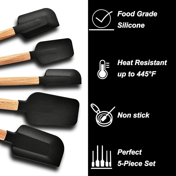 Black Silicone Spatula Set, Food Grade Rubber Spatula-5 Piece Nonstick Rubber Spatulas, Spoonula, Jar Scraper for Cooking, Baking, Mixing, Frosting