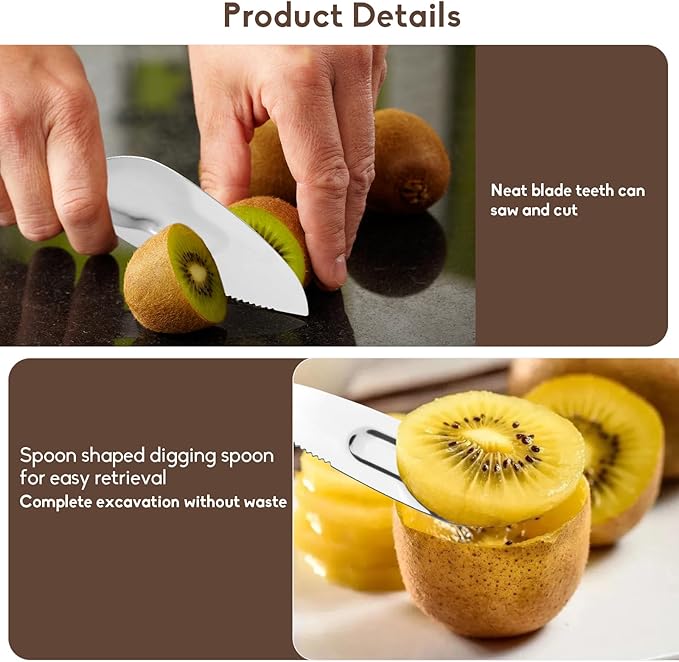 Stainless Steel Kiwi Knife and Spoon, 2-in-1 Flexible Kiwi Peeler and Fruit Scoop Tool, Multipurpose Mango Slicer and Avocado Cutter for Kitchen and Travel, Silver