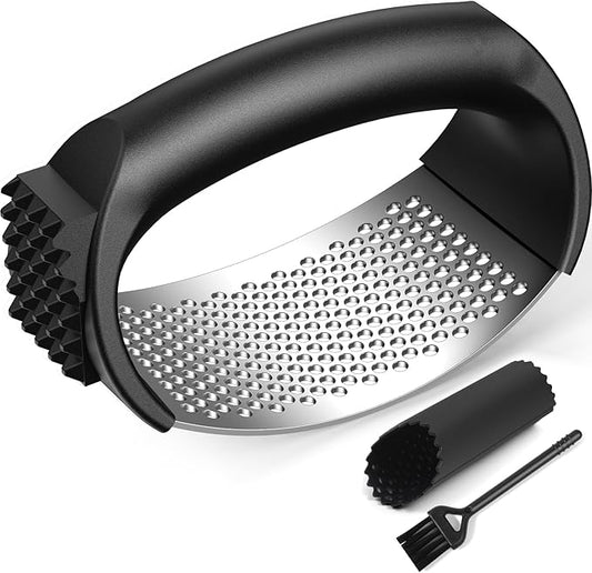 Garlic Press Rocker Set with Garlic Peeler & Cleaning Brush,Stainless Steel Garlic Mincer Crusher,Easy Kitchen Gadget for Effortless Smashing,Kitchen Essentials,Home and Kitchen Utensils Accessories