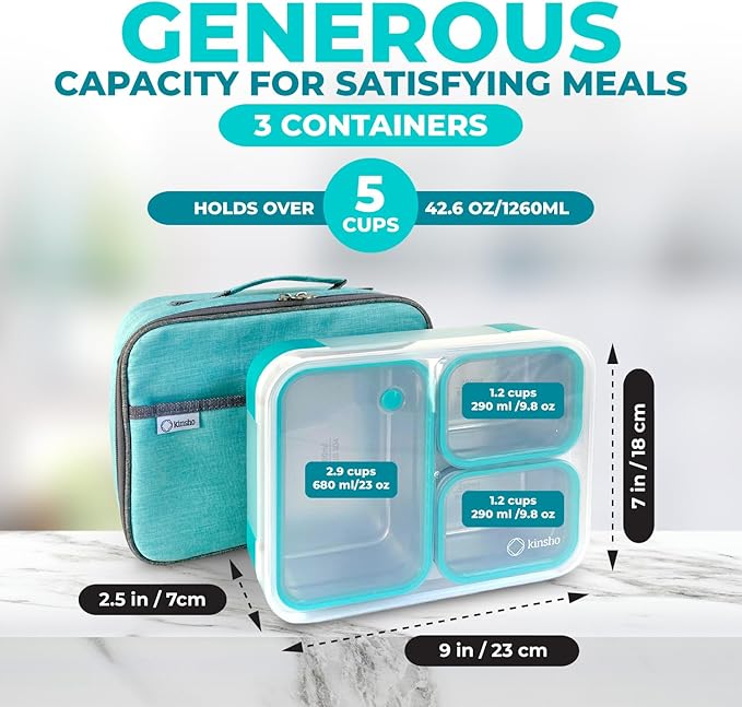 Stainless Steel Bento Lunch Box Set for Adults, Kids - Insulated Bag and Ice Pack - Leak-Proof Metal Compartment Meal Prep Food & Snack Containers for Work Travel School Daycare, 42 oz Teal Blue