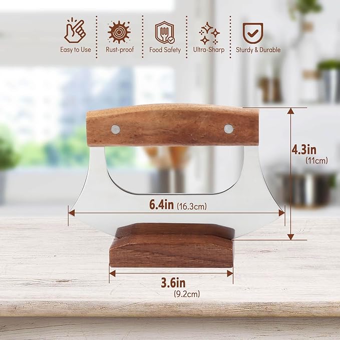 KAYCROWN Ulu Knife, Sharp Rocker Mezzaluna Knife with Wooden Stand, Alaskan Ulu for Pizza Cutter, Vegetable, Salad, Mezzaluna Chopper