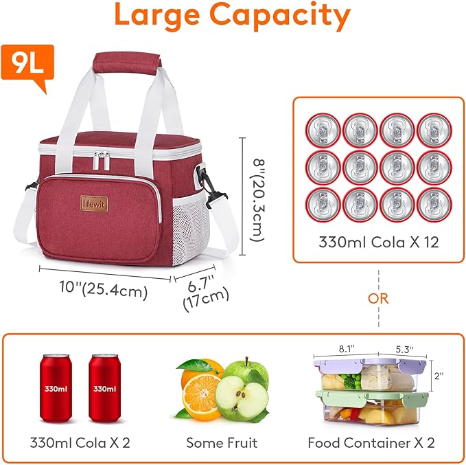 Lifewit Medium Lunch Bag Insulated Lunch Box Soft Cooler Cooling Tote for Adult Men Women, White and Red12-Can (9L)
