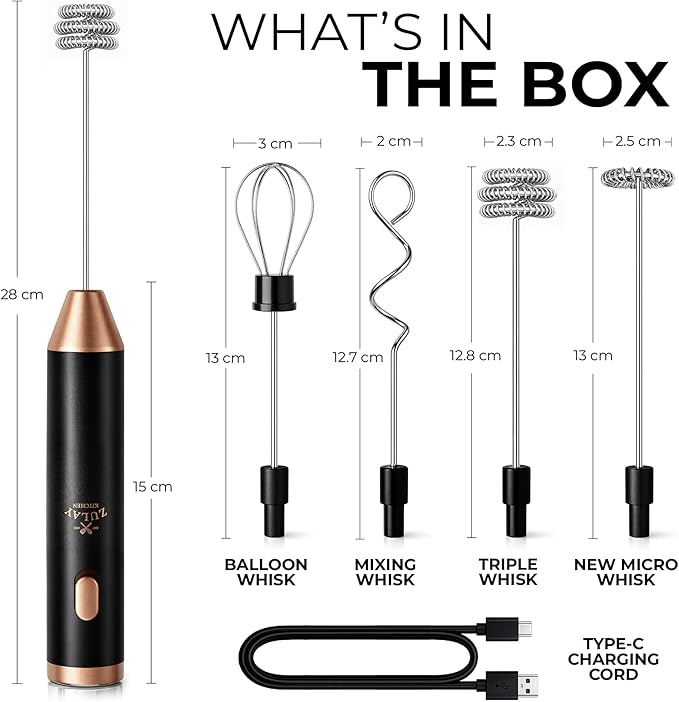 Zulay Kitchen Metal Rechargeable Milk Frother, 3 Whisk Attachments Handheld Frother Wand, 1800mAh USB-C Charging, Electric Drink Mixer for Protein, Matcha & Powders - One Charge Lasts up to 6 Months