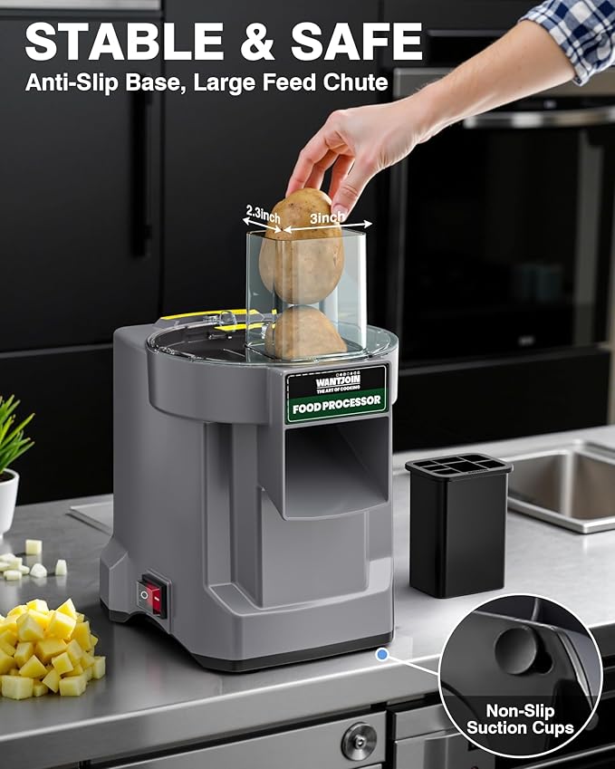 WantJoin 5-in-1 Electric Food Processor & Vegetable Chopper - Multifunctional Commercial Dicer with Stainless Steel Blades for Slicing (2.5mm), Dicing (6/8/12mm), Chopping (2.5mm), Shredding