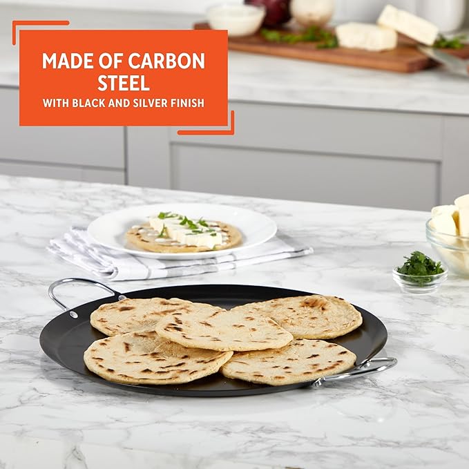 IMUSA 13.5in Carbon Steel Nonstick Round Comal with Metal Handles, Black