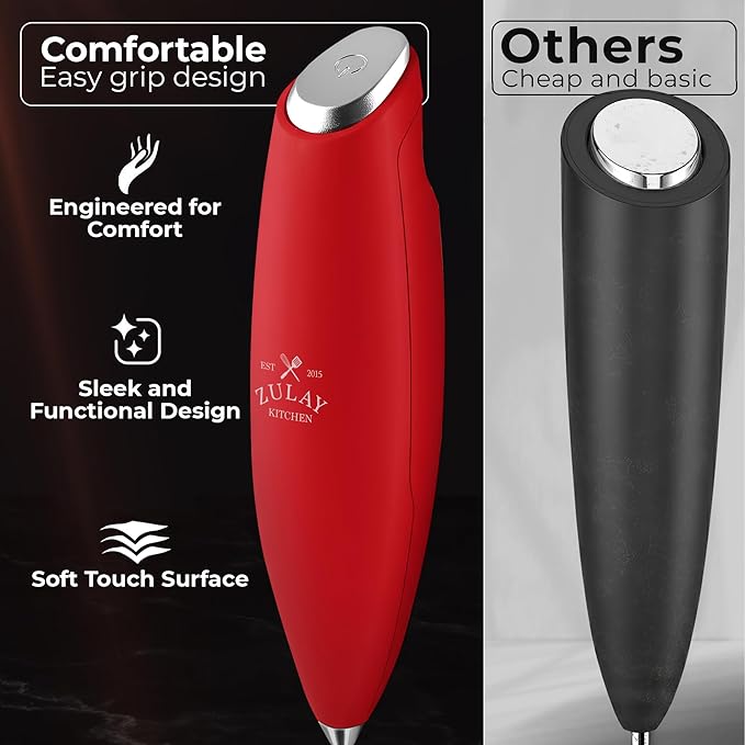 Zulay Kitchen Patented Tornado Triple Whisk Milk Frother with 4 Duracell Batteries – Handheld Foam Maker for Coffee, Lattes, Matcha & Hot Chocolate – Rich, Creamy Froth in Seconds