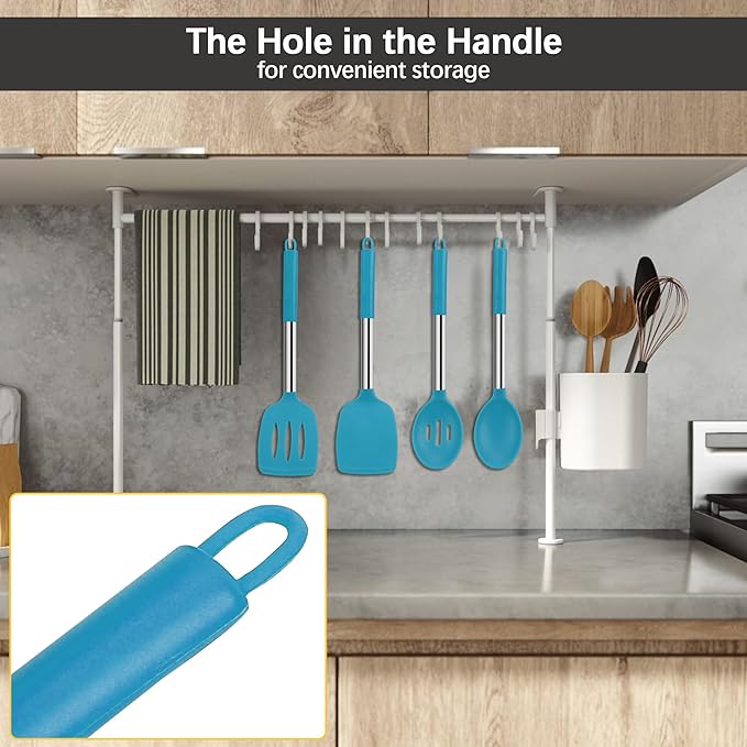 Silicone Spatula Spoon Set, 4 PCS Silicone Cooking Utensils Spatula Spoon Set with Stainless Steel Handle, BPA Free Kitchen Turners for Frying, Mixing, Serving, Draining, Turning, Stirring, Blue