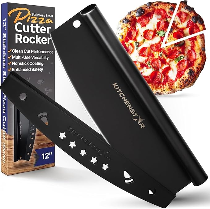 KitchenStar 12-Inch Pizza Cutter Rocker Blade - Sharp Stainless Steel Slicer Knife, Protective Cover, Black, Small - Professional Pizza Oven Accessories
