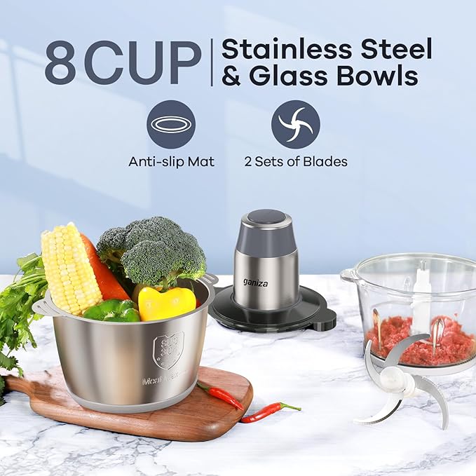 GANIZA Food Processors, Electric Food Chopper with Meat Grinder & Vegetable Chopper - 2 Bowls (8 Cup+8 Cup) with Powerful 450W Copper Motor - Includes 2 Sets of Bi-Level Blades (Grey)