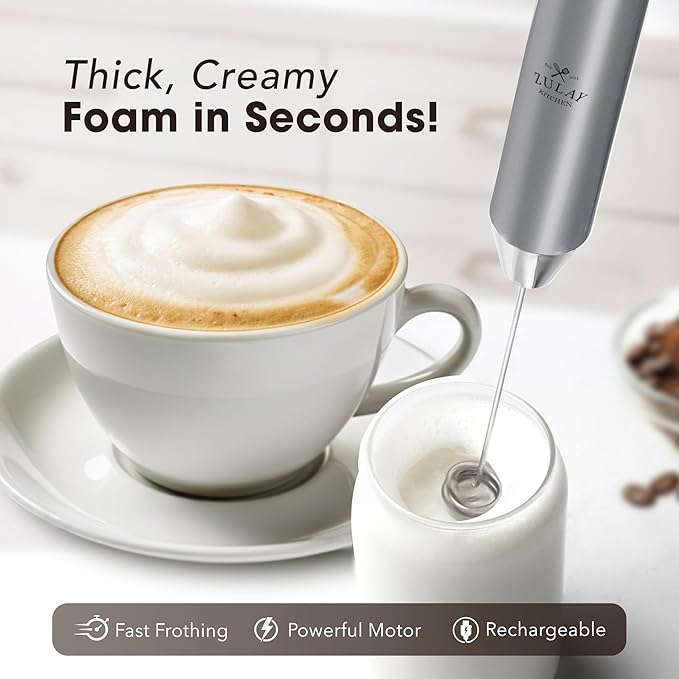 Zulay Kitchen Rechargeable Milk Frother Handheld - Lux 4 Whisks, Powerful 2-Speed Motor, Waterproof, 2000mAh Battery - Drink Mixer for Latte, Cappuccino, Matcha & Protein Powder - Silver