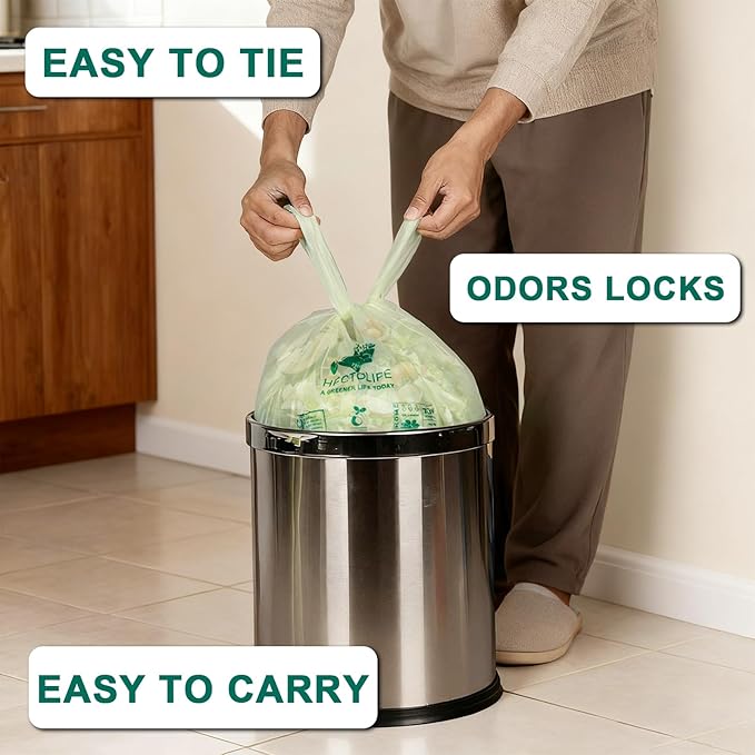 2.6 Gallon 100 Count,Compostable Bags Handle Tie,Tear Resistant Kitchen Food Scrap Waste Bag, ASTM D6400, US BPI and Europe OK Compost Home Certified