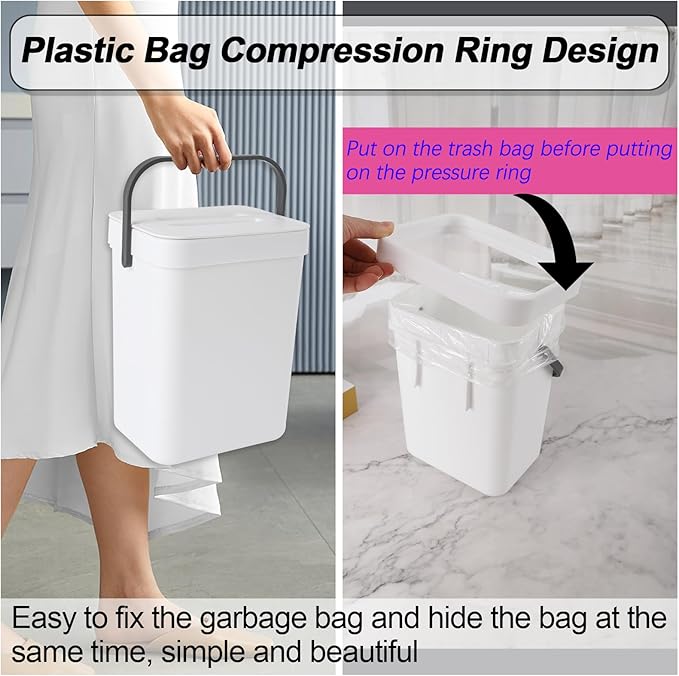 Compost Bin Kitchen, Includes 100 Trash Bags, Hanging Trash Can with Lid, Features Pet-Proof, Odor-Proof, and Quiet Opening/Closing. Suitable for Bathrooms/Bedrooms/Offices (White, 1.3Gal/5L)