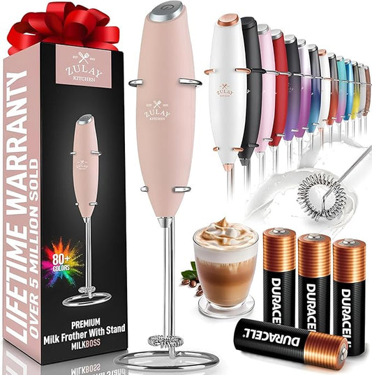 Zulay Kitchen Powerful Milk Frother Wand With 4 AA Duracell Batteries - Ultra Fast Handheld Drink Mixer - Electric Whisk Foam Maker for Coffee, Lattes, Cappuccino, Matcha & Creamer