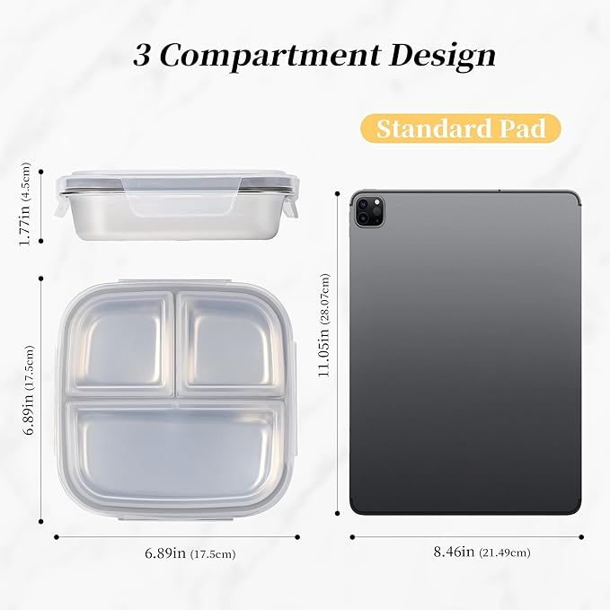 2 Pack Stainless Steel Snack Containers with Lids 3 Compartment Snackle Box Container Lunch Box for Adults Meal Prep Bento Box Containers Reusable Work (2, Gray, 600ml)