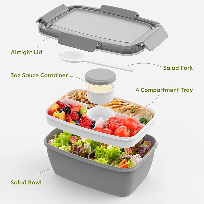 Cherrysea 2Pack Salad Lunch Container, 68oz Salad Bowls with 4 Compartments Tray,Leak Proof Lunch Box with Fork for Men,Women BPA-Free Snack Container with Sauce Container for Dressings-Grey