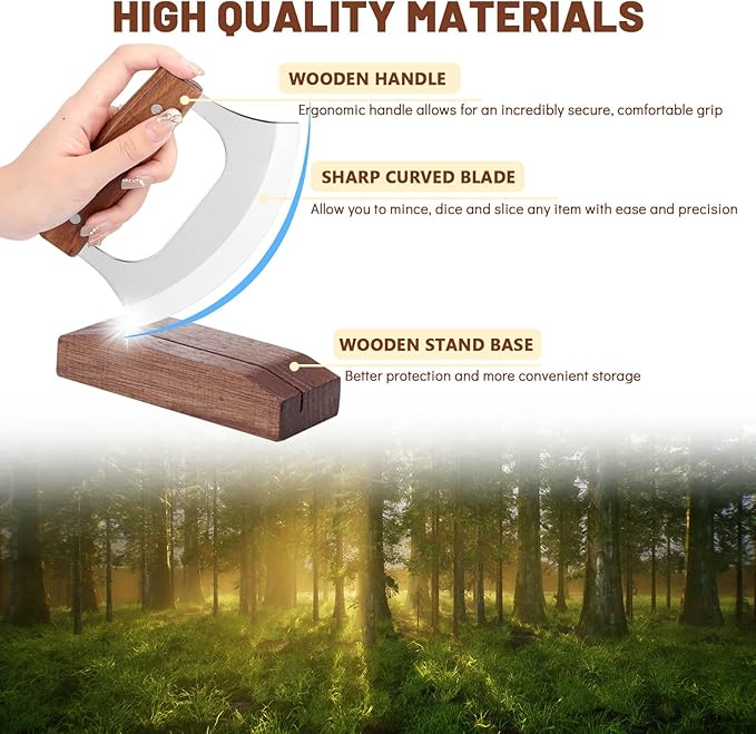 KAYCROWN Ulu Knife, Sharp Rocker Mezzaluna Knife with Wooden Stand, Alaskan Ulu for Pizza Cutter, Vegetable, Salad, Mezzaluna Chopper