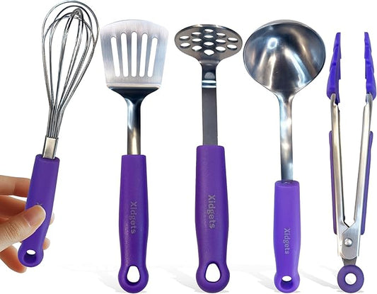 Stainless Steel Mini Utensil Gadget Set: 5 pcs. Heavy-duty essentials: mini whisk, masher, tongs, turner, & ladle. Sleek, minimalistic, well-made in compact, fun sized. (Plum Purple)