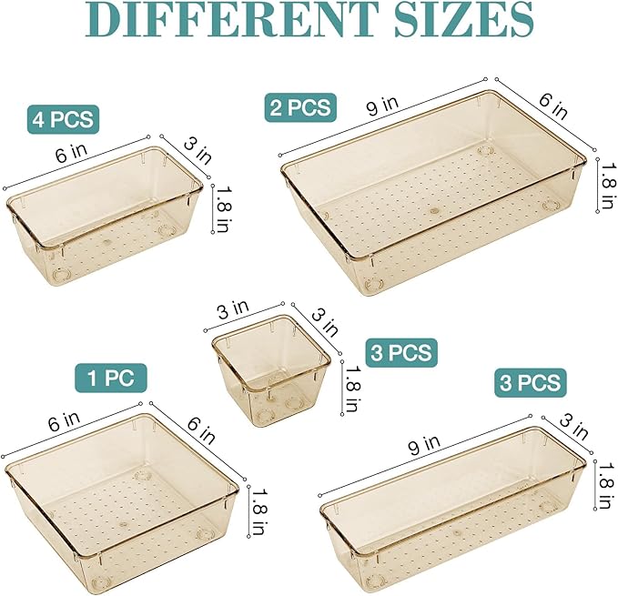 13 PCS Drawer Organizer Set, 5 Varied Size Bathroom and kitchen Drawer cabinet organizer Trays, Clear Storage Bins for Makeup, Jewelry, Utensils and Gadgets, Champagne