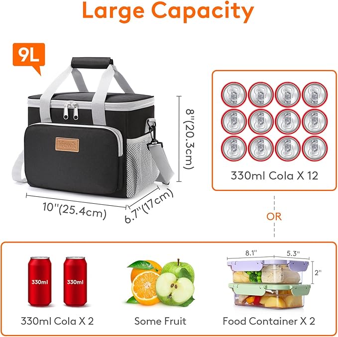 Lifewit Medium Lunch Bag Insulated Lunch Box Soft Cooler Cooling Tote for Adult Men Women, Gray and Black 12-Can (9L)