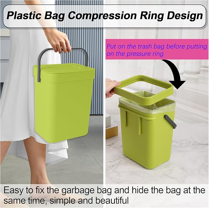 Compost Bin Kitchen, Includes 100 Trash Bags, Hanging Trash Can with Lid, Features Pet-Proof, Odor-Proof, and Quiet Opening/Closing. Suitable for Bathrooms/Bedrooms/Offices (Green, 1.3Gal/5L)