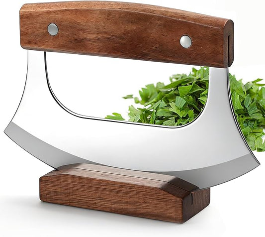 KAYCROWN Ulu Knife, Sharp Rocker Mezzaluna Knife with Wooden Stand, Alaskan Ulu for Pizza Cutter, Vegetable, Salad, Mezzaluna Chopper