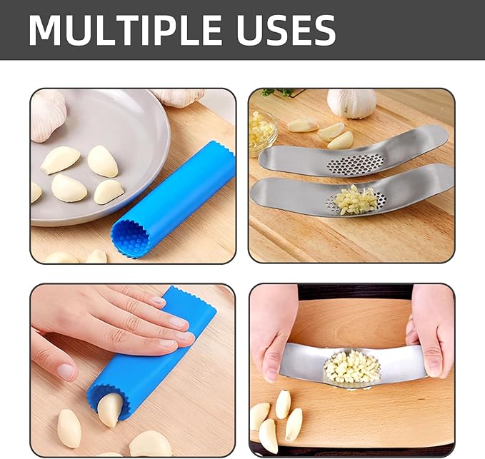 2 Piece Garlic Press Tool Set 304 Stainless Steel Garlic Mincer with Silicone Peeler Kitchen Gadgets for Easy Peeling and Mincing Durable Dishwasher Safe