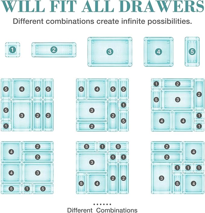 23 PCS Drawer Organizer Set, 5 Varied Size Bathroom and kitchen Drawer cabinet organizer Trays, Clear Storage Bins for Makeup, Jewelry, Utensils and Gadgets