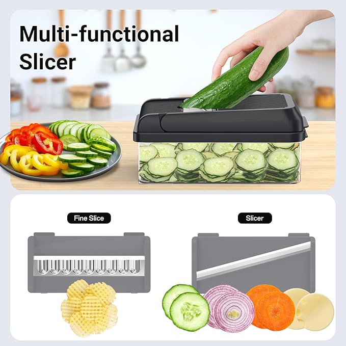 15-in-1 Vegetable Chopper, Kitchen Gadgets with 10 Blades, Veggie, Food, Onion Chopper, Cucumber Slicer, Versatile Mandoline, Includes Egg Separator & Finger Guard, Gray
