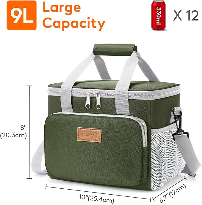 Lifewit Medium Lunch Bag Insulated Lunch Box Soft Cooler Cooling Tote for Adult Men Women, Gray and Green 12-Can (9L)