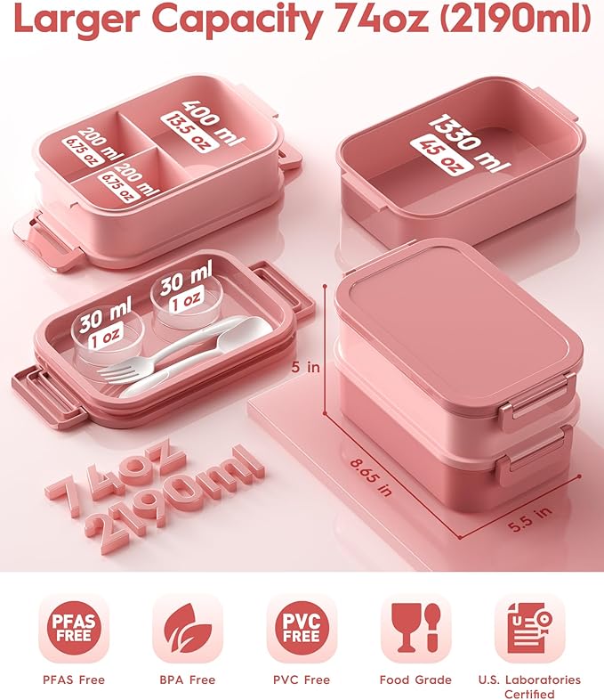 Adults Bento Box with Insulated Lunch Bag, 74oz Capacity 3 Stackable Leak-Proof Bento Box Built-In Utensil and Sauce, PFAS & BPA-Free, Microwave & Dishwasher Safe (Rose Pink)