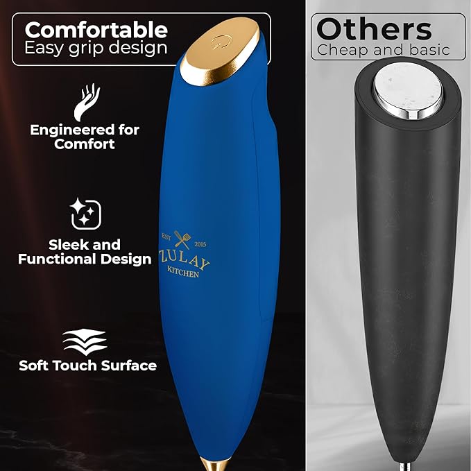 Zulay Kitchen Patented Tornado Triple Whisk Milk Frother with 4 Duracell Batteries – Handheld Foam Maker for Coffee, Lattes, Matcha & Hot Chocolate – Rich, Creamy Froth in Seconds